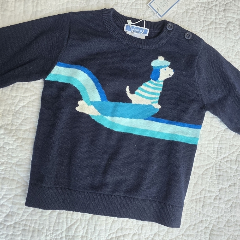 Jacadi Paris 12 Months Navy Blue Color Block Dog Sweater Jumper